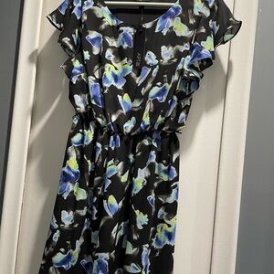 Apt. 9 Black Mini Dress with Blue and Yellow Floral Design